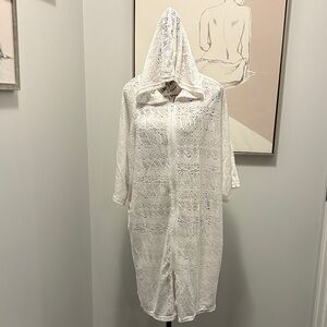 Plus Size White Lace Hooded Bathing Suit Cover-Up - Size XL